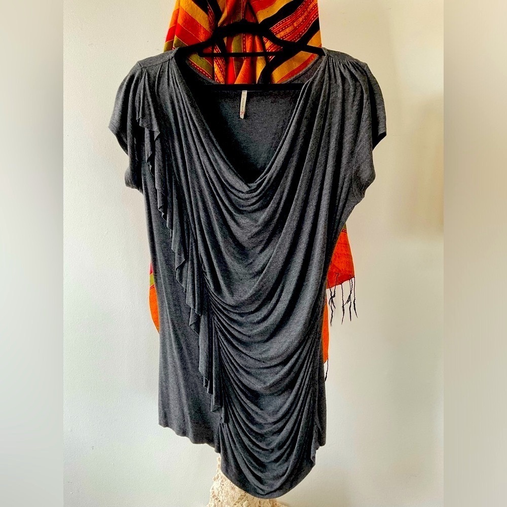 Olivia Moon Gray Ruched Ruffles mini dress or top.